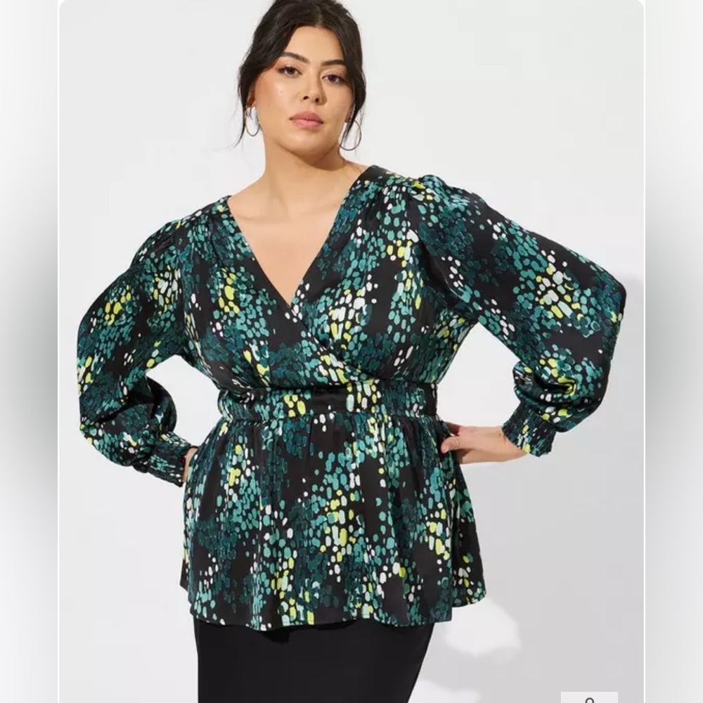 Torrid Satin Surplice Tie Cut Out Back Long Sleeve Blouse